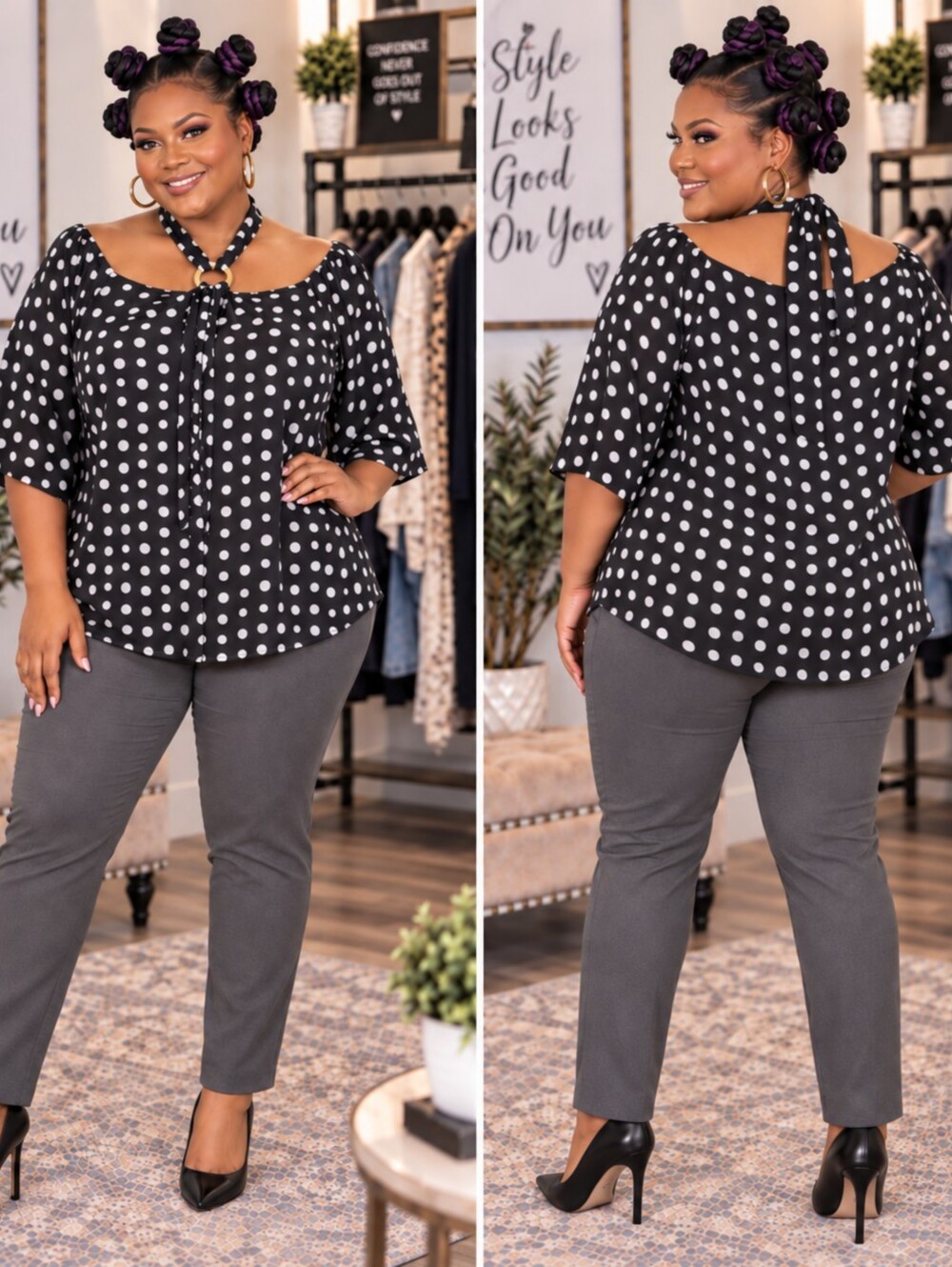 Plus Size Polka Dot Tie-Neck